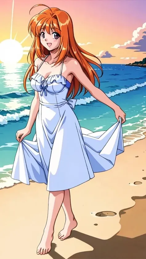 (masterpiece, Best Quality:1.2), fruitfulness, One girl, Alone, white summer long dress, break, Orange hair, barefoot, break, (She walked along the beach in the sunset, her bare feet touching the water, the closest she came to seeing that smile)