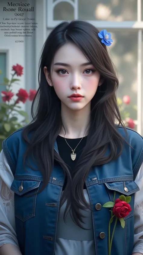 a woman  with long, dark hair and fair skin, wearing a denim jacket with lace sleeves and adorned with a large red rose on the left side. They have a blue flower tucked into their hair, and they are dressed in a white blouse or shirt underneath the jacket....