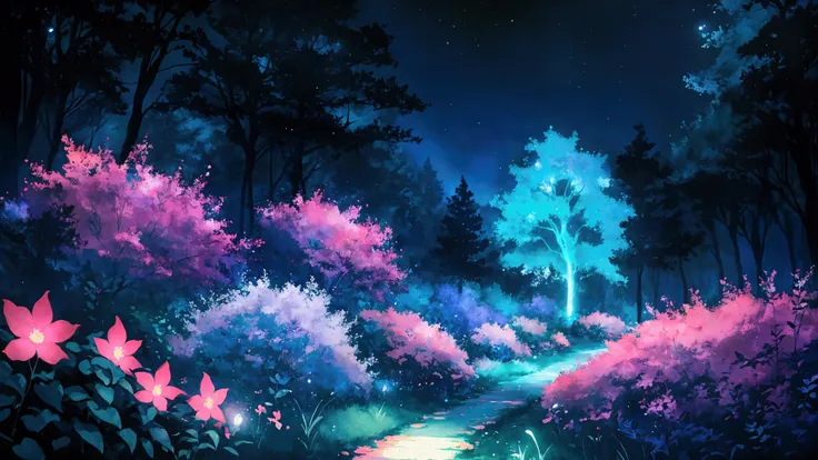Glowing Forest Dark Night Sparkling Lofi anime style , floral , landscape , natural , Glowing Flower, colorful