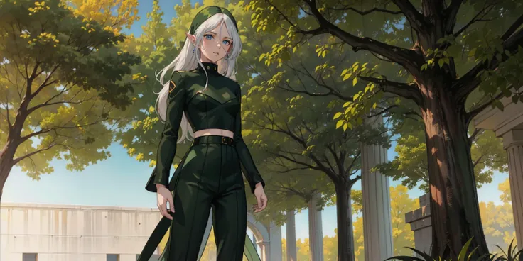 ((green eyes)). 1girl, solo, teenager, white hair, ((green eyes)), full body, pants, long sleeves, pointed ears. ((black clothes...