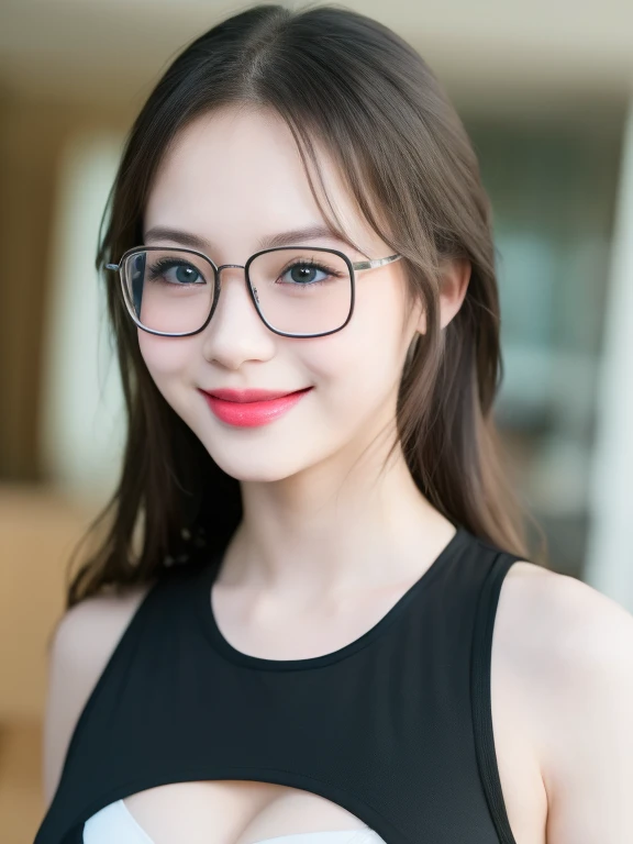 (Realistic、masterpiece、best quality、8K、high resolution、high resolution:1.3)、1 glasses girl、smile, red lips, Gigantic breasts、white bikini、pale white skin、looking at viewers、supene face and eyes、long hair、indoor、 upper body、