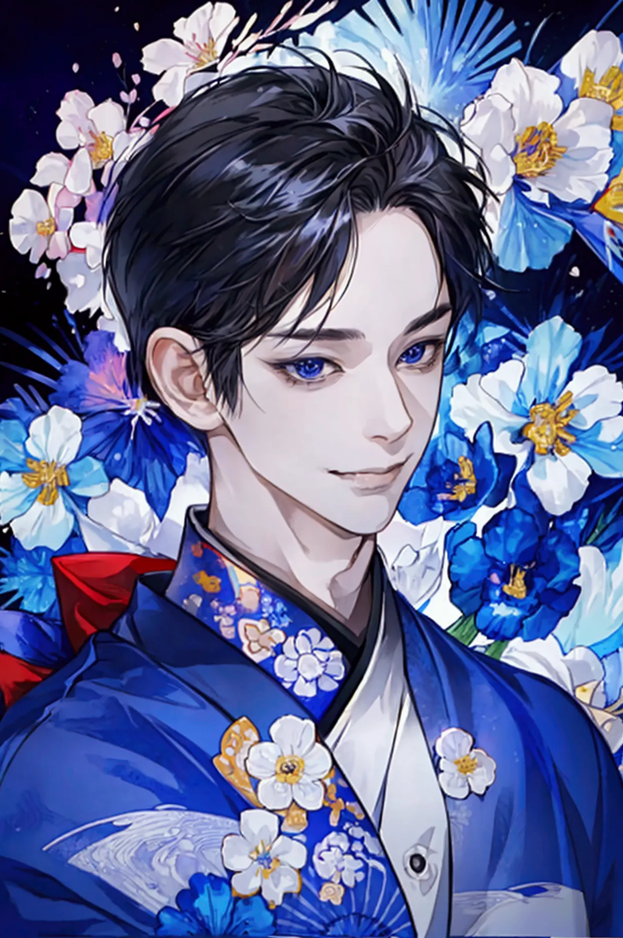 cool guy、looking straight ahead、smile、 rin wearing a kimono 々young man、black hair、iris、 mysterious atmosphere 、space background ...