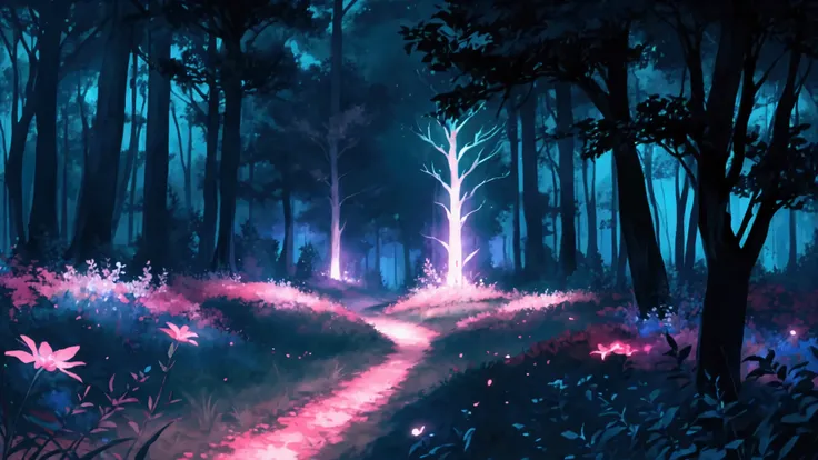 Glowing Forest Dark Night Sparkling Lofi anime style , floral , landscape , natural , Glowing Flower, colorful