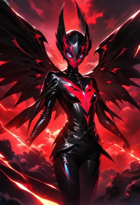 Symetrical,absurdres, highres, ultra detailed, HDR, masterpiece, extremely detailed face and eyes, lucifer Persona,Persona 5,  , , solo, , cool wings, cool demon,,, , , red lightning effect, glowing glitters, surrounded by red glowing clouds, cool color gr...