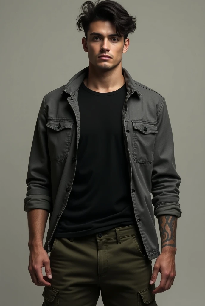 Handsome guy,  black hair, brown eyes, Ogeras ,  black t-shirt and ensima an open gray jacket,  pants multipocket dark green  