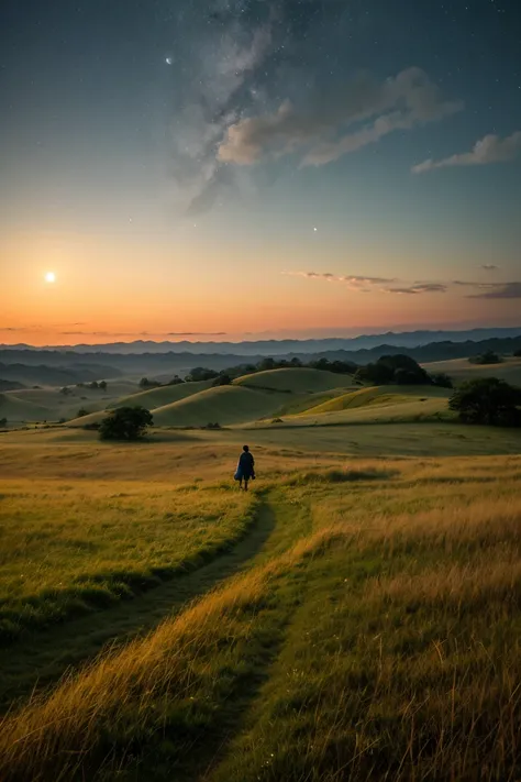 daybreak, sunrise、Gloomy sky、star、moon、Vast land、grassland、universe、金star、On the Hill