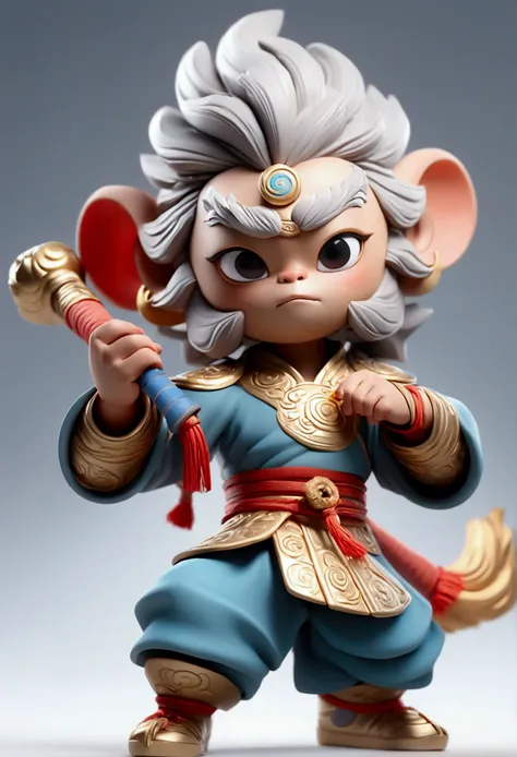 3d,c4d rendering, cartoon style, sun wukong wearing general armor, holding a long straight gold-banded stick, gray hair, white o...