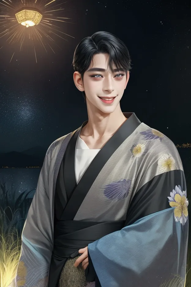 cool guy、looking straight ahead、smile、 rin wearing a kimono 々young man、black hair、iris、 mysterious atmosphere 、space background ...