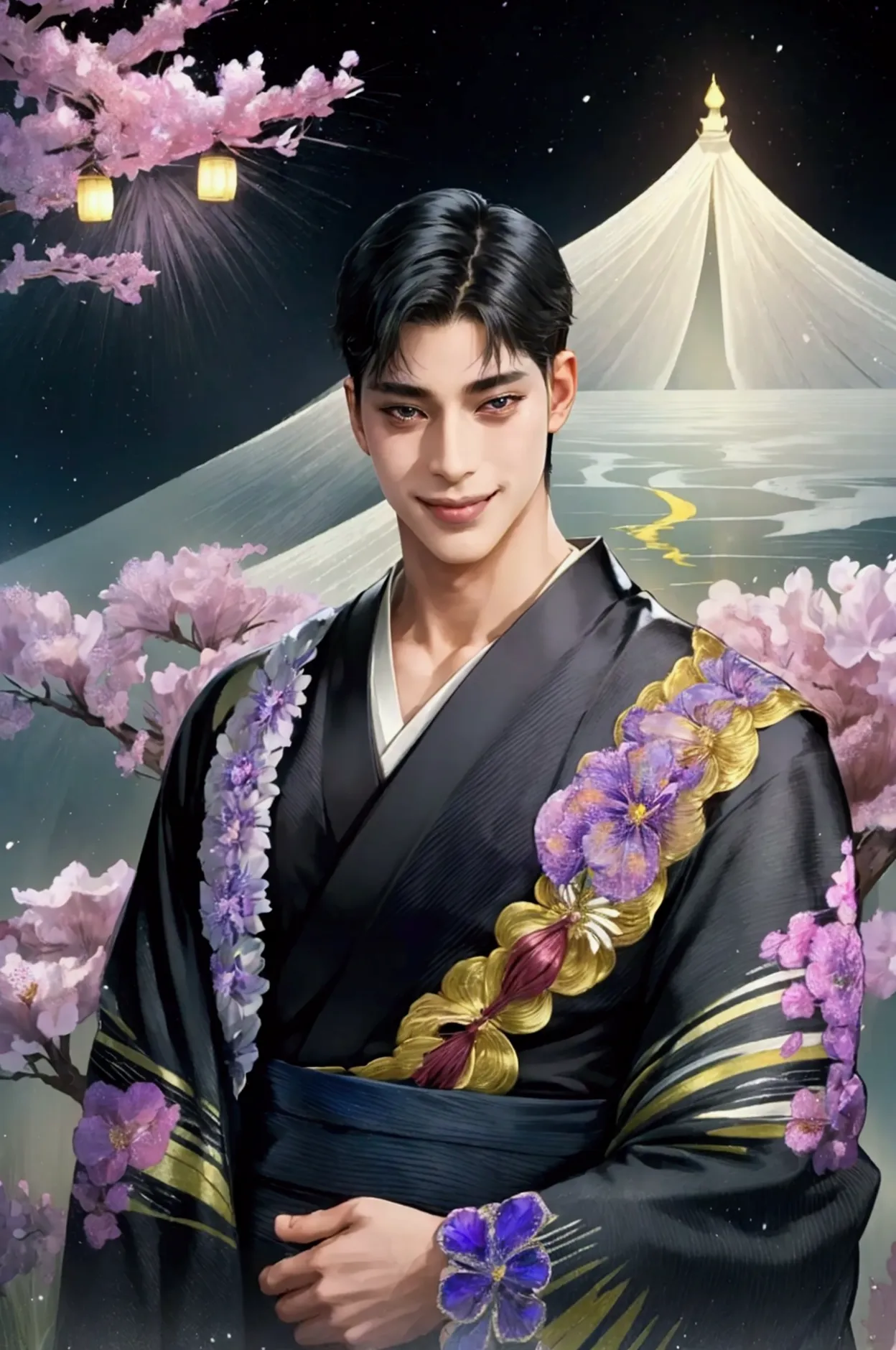 cool guy、looking straight ahead、smile、 rin wearing a kimono 々young man、black hair、iris、 mysterious atmosphere 、space background ...