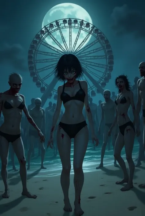 Girl with black chongos wearing black lingerie turned into a zombie surrounded by zombies on a beach with a wheel of fortune at night anime