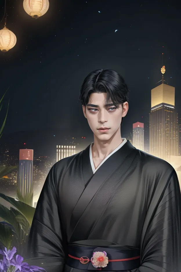 cool guy、looking straight ahead、 rin wearing a kimono 々young man、black hair、iris、 mysterious atmosphere 、space background 、light...