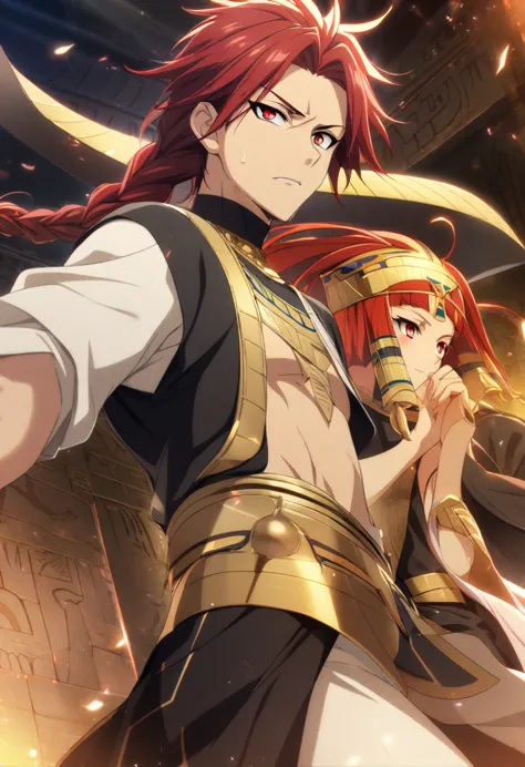 1 boy, red hair, long braided hair, deep red eyes, black eyeliner, Egyptian clothing, Egyptian god Seth, Egyptian god clothing, CG