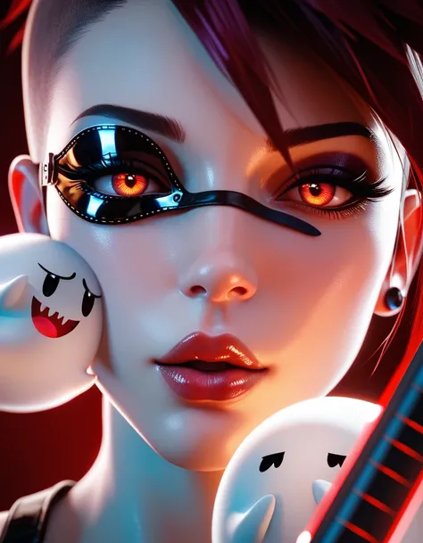 Cyber ​​punk, musicians, beautiful girl, liner eyes, eye mask, beautiful peaked nose, sweet red lips, wide-angle lens, expressive, search, beautiful and sexy side shot, 3D laser image, 18K UHD resolution, looking at the viewer,  Boo, kiss him,