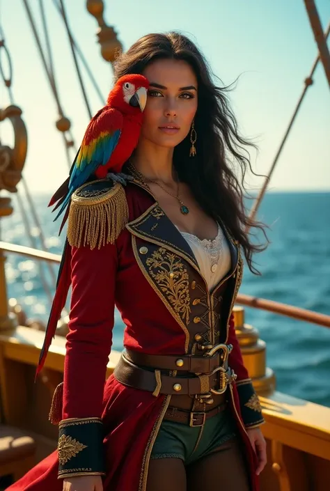 A beautiful brunette pirate captain is at the helm on her golden ship with a red macaw sitting on her shoulder