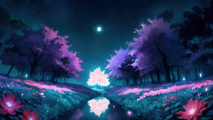 Glowing Forest Dark Night Sparkling Lofi anime style , floral , landscape , natural , Glowing Flower, colorful
