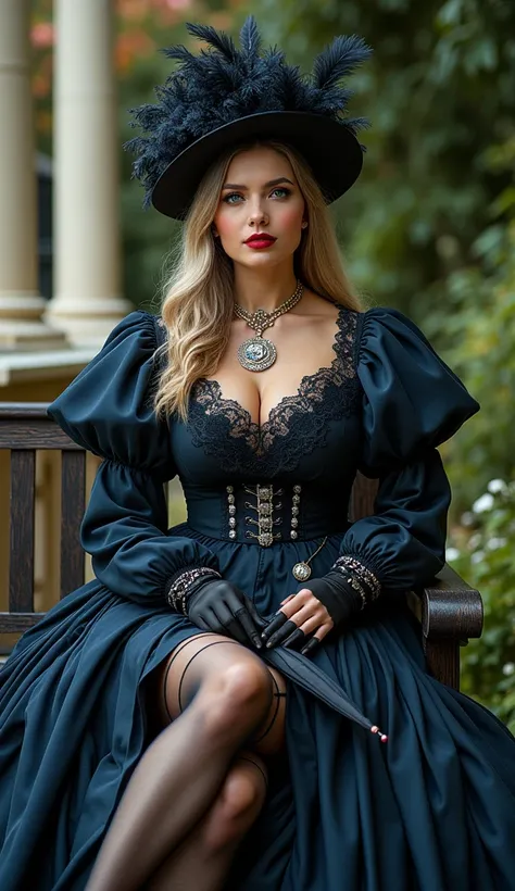  The full height of a beautiful girl with a gorgeous figure 35-40 years old, she is a countess ,  sits on a bench in the palaces garden park, holding an umbrella and a fan , plump lips, red lipstick, precious necklace,  wearing a luxurious feather hat , ve...