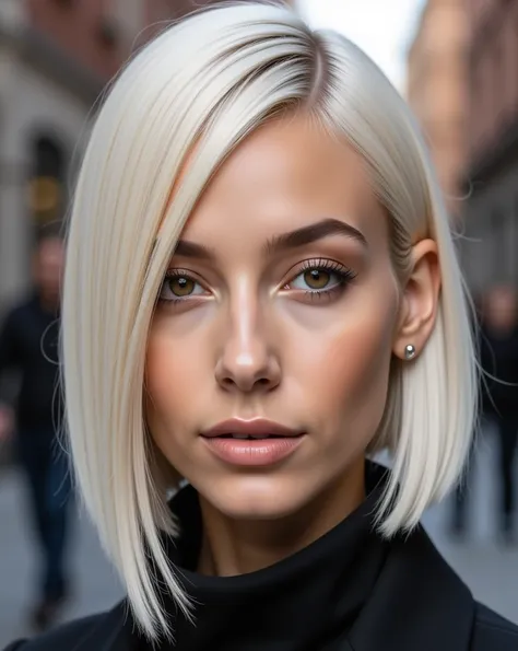 a striking portrait of nexia, a 22-year-old woman with an architectural asymmetrical platinum blonde haircut. her hair features ...