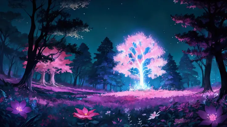 Glowing Forest Dark Night Sparkling Lofi anime style , floral , landscape , natural , Glowing Flower, colorful