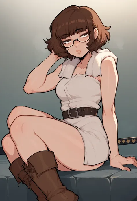 sexy girl, bob hair, brown hair, glasses, lips, half closed eyes, faint face, perfect legs, towel, belt, boots, katana in hand,