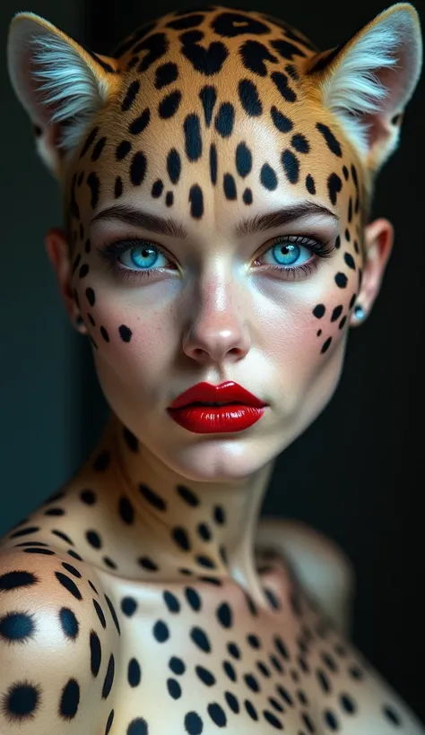 full body girl, A hyper-realistic fantasy portrait of a woman with striking feline features. Her face is adorned with the pattern of a leopard, blending perfectly with her smooth, pale skin. The vivid blue eyes are sharp and intense, framed by delicate, wi...