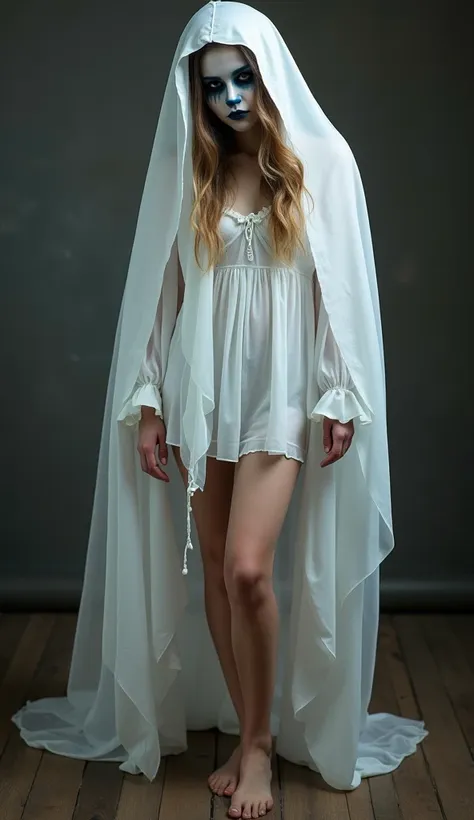 a cute ghost, halloween makeup,  ghost girl，long beautiful legs, bare feet