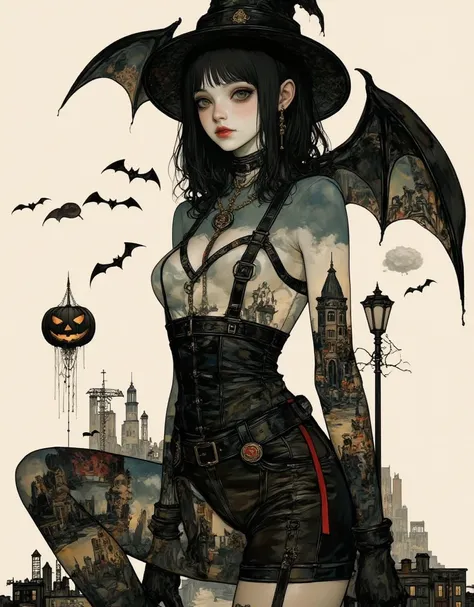 in style of Harry Clarke,(in style of Ashley Wood:1.4), (double exposure:1.6),1 huge silhouette of a girl of halloween and eerie projection of a battle city,thrilling footage exposed,jack o lantern, bats in sky, cyberpunk vaporwave,holographic projection,(...