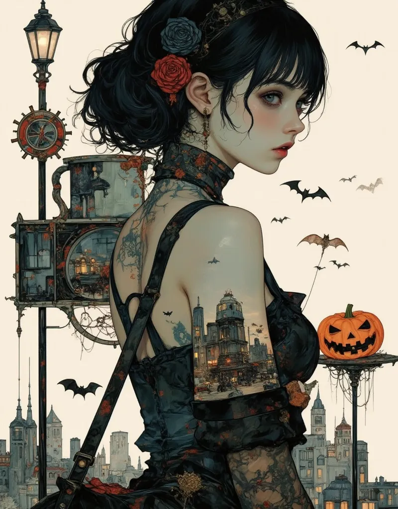 in style of Harry Clarke,(in style of Ashley Wood:1.4), (double exposure:1.6),1 huge silhouette of a girl of halloween and eerie projection of a battle city,thrilling footage exposed,jack o lantern, bats in sky, cyberpunk vaporwave,holographic projection,(...