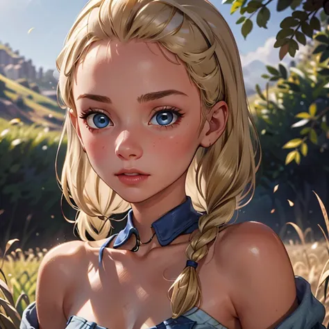 red dead redemption 2 german daughter,
blonde,braids,sleek tied hair,
slim face,white skin,sunkissed blush,light blue eyes,snub ...