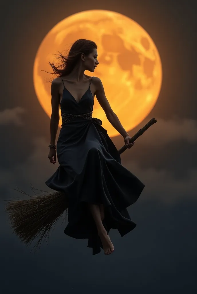 ((masterpiece, highest quality, Highest image quality, High resolution, photorealistic, Raw photo, Extremely detailed CG unified 8k wallpaper)), (huge stunning goddess shot, very hot and sexy, jaw-dropping beauty, perfect proportions, beautiful body, slim body beauty:1.4), A beautiful witch in a robe over bare skin, flying in the night sky astride a broom, a big orange full moon in the background, flipping her robe and hurrying to the party venue, “Happy Halloween 2024” is written in large letters on the photo,