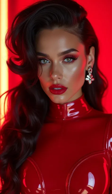 "CRIMSON POWER: Neo-Glam"

PRODUCTION SETUP:

WARDROBE STYLING:
- High-shine red unzipped front latex
- Strategic sculpting
- Architectural details
- Chrome hardware accents
- Form-fitting silhouette

BEAUTY DIRECTION:
Eyes:
- Piercing blue contacts
- Smok...