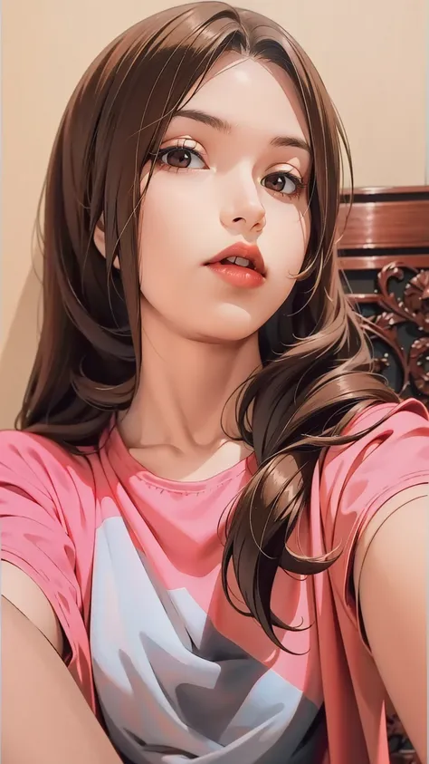 girl, long straight brown hair, brown eyes, sharp features, white skin, bright pink lips, perfect, t-shirt, jacket