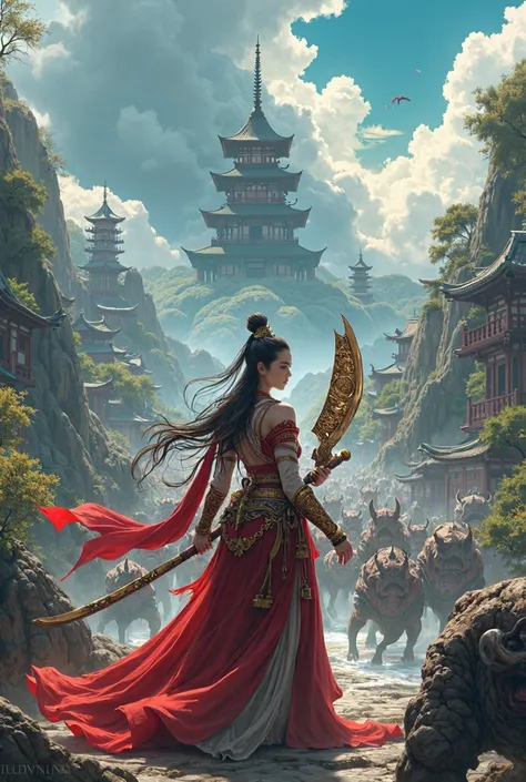 (best quality),  detailed background, oriental nobless,warrior girl,combat arts,holding halberd,oni, monster army