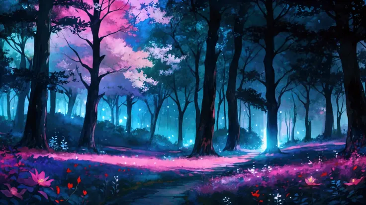 Glowing Forest Dark Night Sparkling , Lofi anime style , floral , landscape , natural , Glowing Flower, colorful