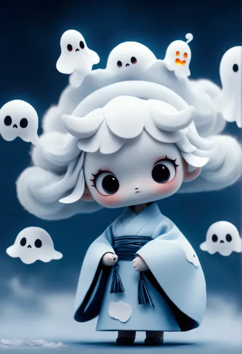 q-version wool felt, 3d, cute ghost-shaped makeup for the ghost, a mischievous and cute , a lovely white kimono, standing, a whi...