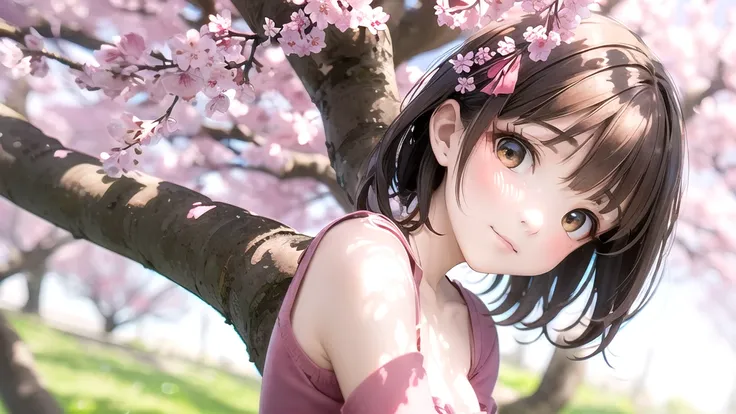 A girl under a cherry blossom tree