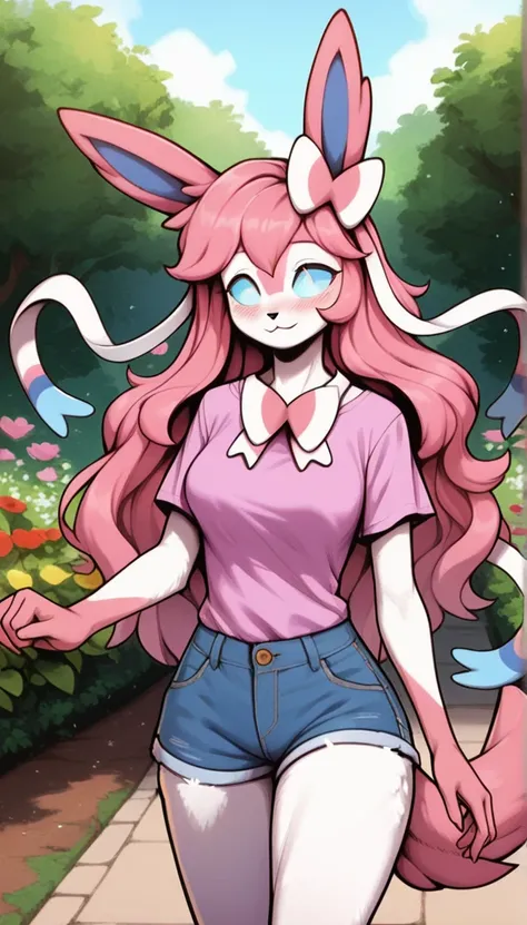 Loving expression, Happy expression, cutie, 1girl, anthro, furry, fur, fluffy fur, fluffy big pink tail, sylveon girl, pink hair, long hair, messy hair, cyan hair highlights, (19 years), white eyes, cyan sclera, medium breast, thicc thighs, more hearts, fl...