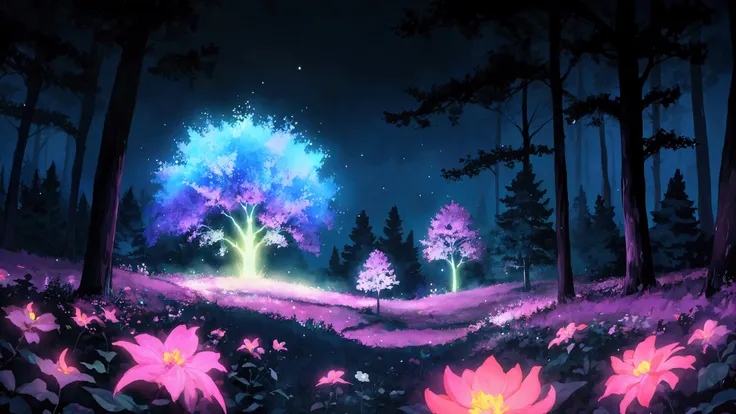 Glowing Forest Dark Night Sparkling , Lofi anime style , floral , landscape , natural , Glowing Flower, colorful