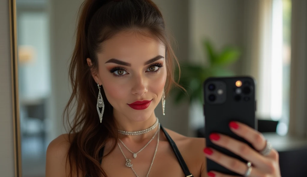 beautiful 20 year old brunette office girl wearing shiny black leather underwear, shiny black leather thigh high boots with 11cm heels, bright makeup, long eyeliner, black eyeshadow, brown eyes, bright red lips with lip gloss, long ponytail, long earrings ...