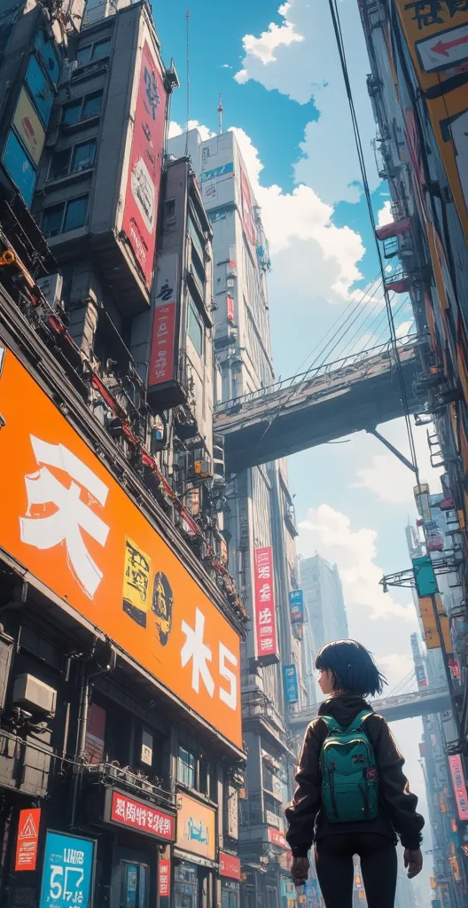 An anime-style scene in a futuristic, cyberpunk cityscape viewed from a very low angle, looking up at the towering, worn-down buildings. The buildings feature large, colorful billboards and neon signs, blending decayed urban structures with futuristic technology. Overhead, there are interconnected bridges and wires stretching across the sky, which is bright with soft clouds. In the middle of the buildings is a young girl with short, dark blue hair stands with her back to the viewer, wearing a backpack and a jacket adorned with patches. She gazes upward in awe, overwhelmed by the towering structures. The scene is full of vibrant colors and detailed line work, typical of anime-inspired art.