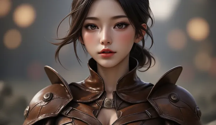 hyperrealistic digital painting, realistic anime, bokeh, woman, cute, leather armor