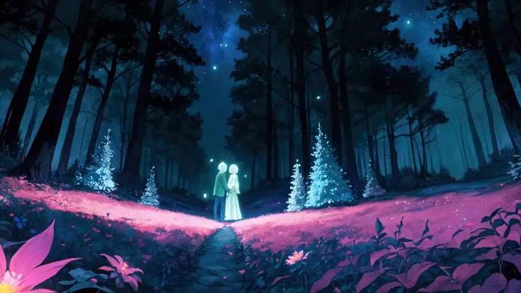 Glowing Forest Dark Night Sparkling , Lofi anime style , floral , landscape , natural , Glowing Flower, colorful