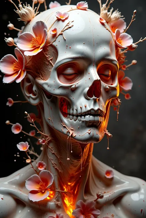 close-up of a person with a skull and flowers, digital art inspired by mike winkelmann,  zbrush central contest winner , digital...