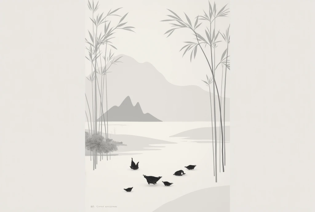 (大量留White:1.5)，White, White色背景,  simple, Minimalism, Abstract,Mode，Aesthetic，黑与White，Ink Painting，Ancient，A mountain，lake，bamboo，far away，中Mode，landscape，architecture，Abstract，Ink Painting，Elegant，kraft paper texture，