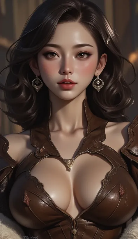 a cute woman, leather armor, cleavage, hyperrealistic digital painting, realistic anime, bokeh