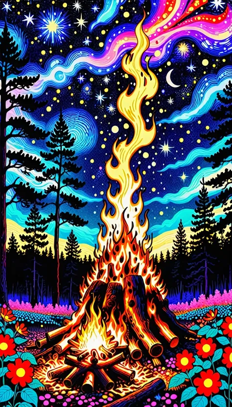 Masterpiece, best composition, best quality, psychedelic and rich colors, bonfire in the wilderness, flowers lit by the bonfire light, trees shining in the moonlight, beautiful starry sky, sparkling galaxy, Yayoi Kusama style, best images for your phone.