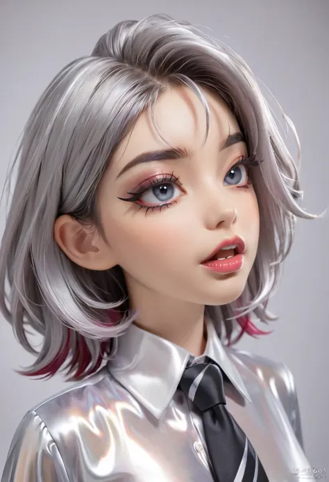 1 girl buttoned in extremely tight shiny silver satin blouse,Necktie,Medium hair, Lens reflection, Reflected light,  multicolored hair , Long eyelashes,Fangs, kiss, saliva, 