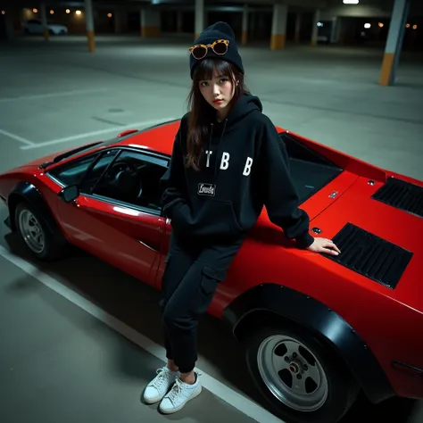 Photo of a beautiful Asian woman in her 20s standing in a parking lot at night. She is wearing a black hoodie with "ITB" written on it, tight black cargo pants, white Onitsuka Tiger shoes, and a black beanie hat with tortoiseshell sunglasses. The woman has...