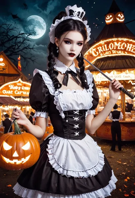 masterpiece, best quality, ultra-detailed, vivid colors, aggressive tone, halloween-themed. a gothic maid stands motionless in t...