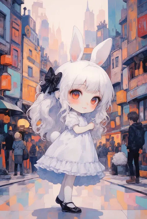 girl\(chibi,cute,kawaii,small ,white hair,very long hair,bangs,ear\(fluffy white bunny-ear\), bunny tail at coccyx,red eye,big e...