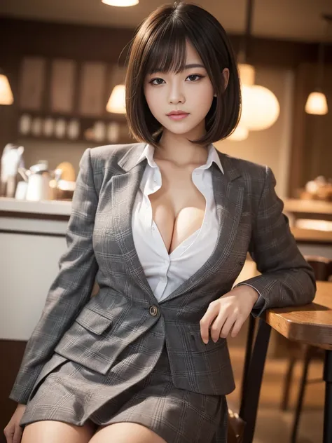 a cute japanese girl, 19 years old, big breasts:1.4 , show Cleavage:1.4 , Eyes closed:1.6 , Medium Hair , Bob Cut ,  school uniform, gray checked blazer, gray checked mini skirt, white shirt , Cafe , sitting on chair , posing for a photograph, (best qualit...